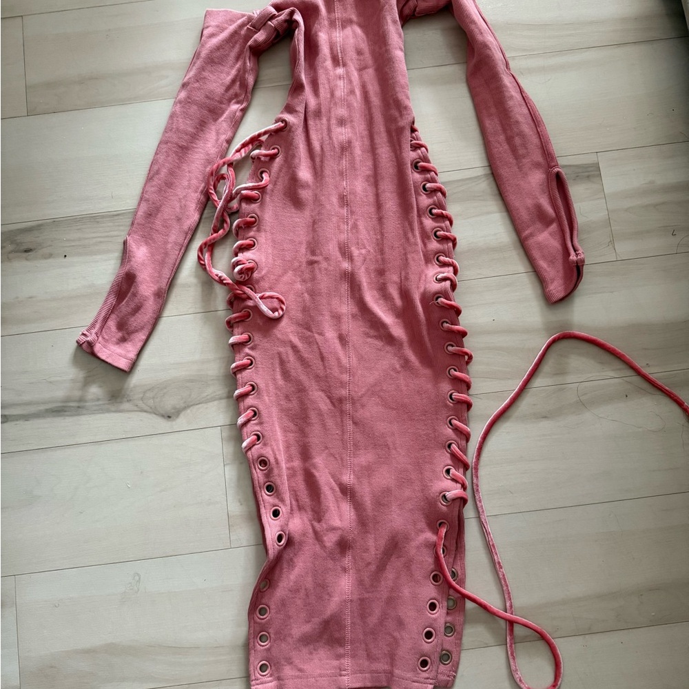 Long Sleeve Lace-Up Midi Dress in Dusty Rose